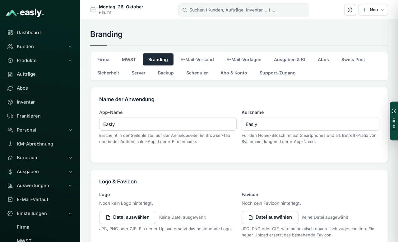 Einstellungen für das Branding in Easly: Name der Anwendung, Logo und Favicon