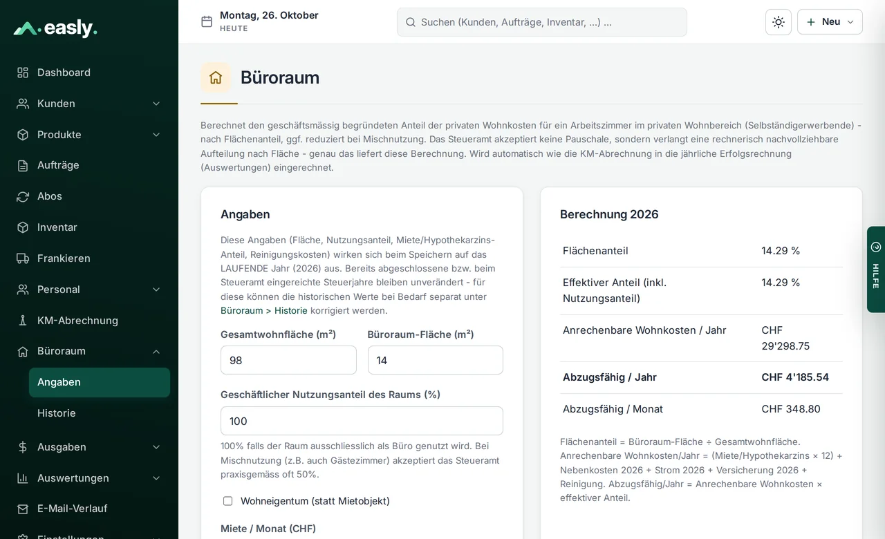 Büroraum in Easly: Wohn- und Bürofläche, Nutzungsanteil und die Berechnung des abziehbaren Anteils pro Jahr