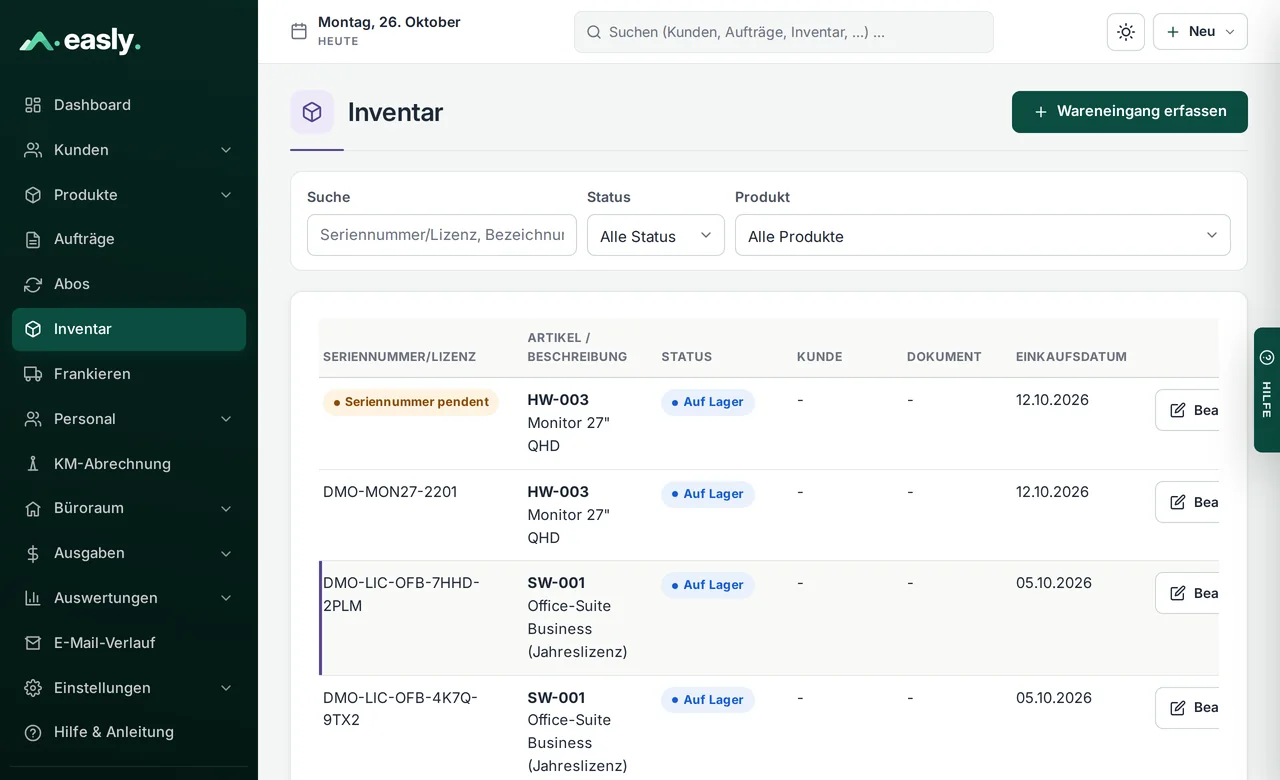 Inventar in Easly mit Seriennummern, Status und Einkaufsdatum