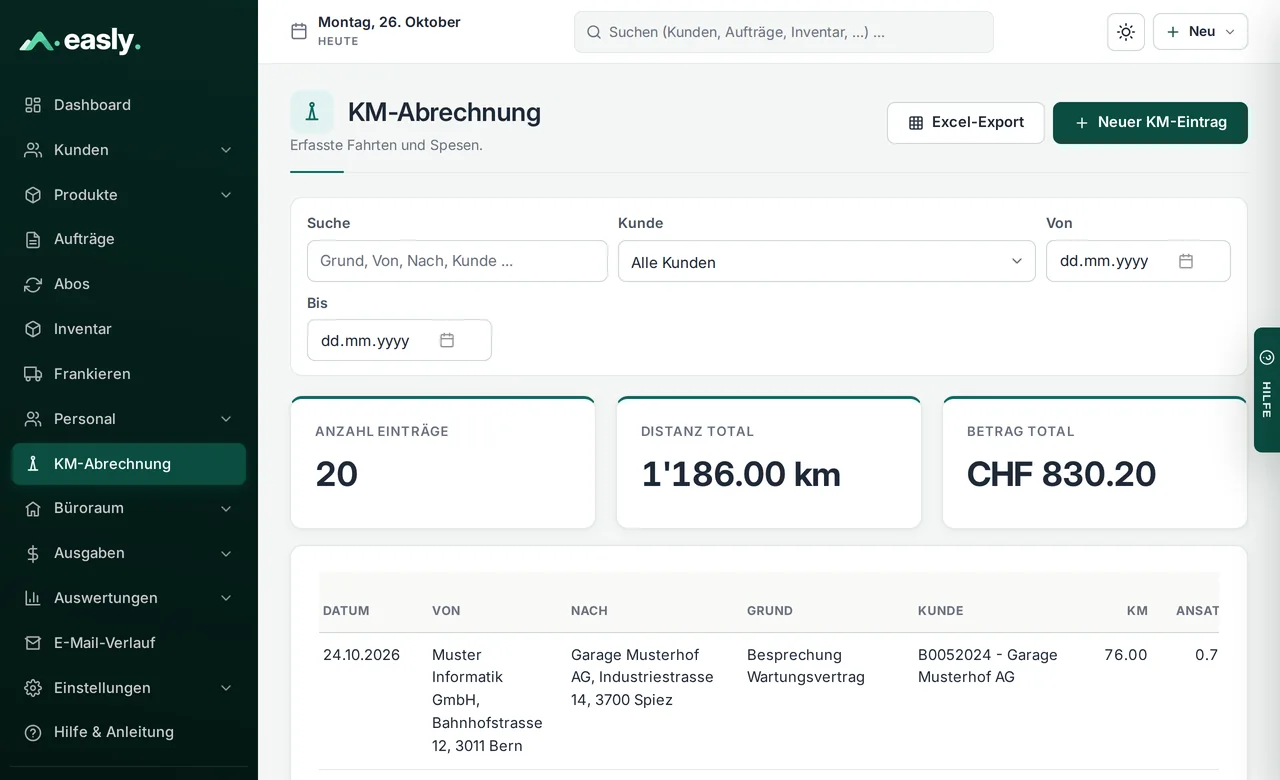 KM-Abrechnung in Easly mit Fahrten, Distanz und Betrag