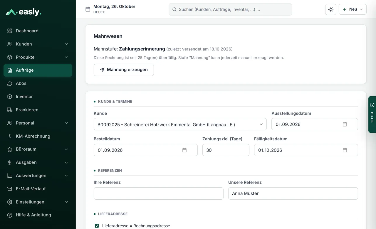 Überfällige Rechnung in Easly mit Mahnstufe Zahlungserinnerung