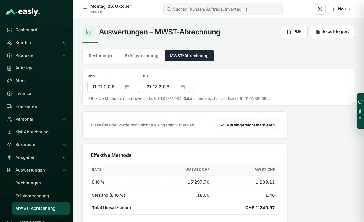 MWST-Abrechnung nach effektiver Methode in Easly mit Umsatz und Steuer je Satz, Export als PDF und Excel