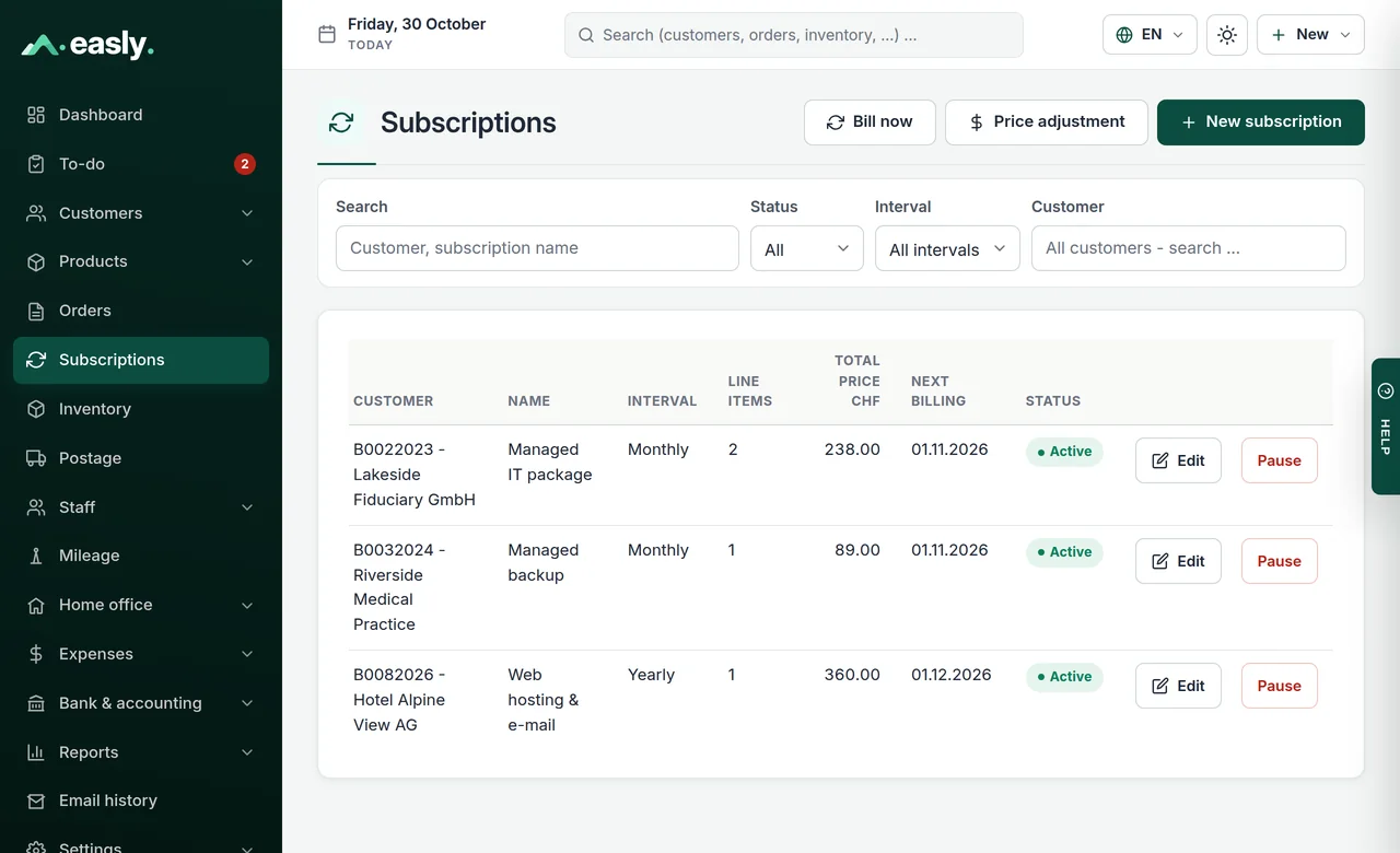 Subscription overview with interval, total price and next billing date