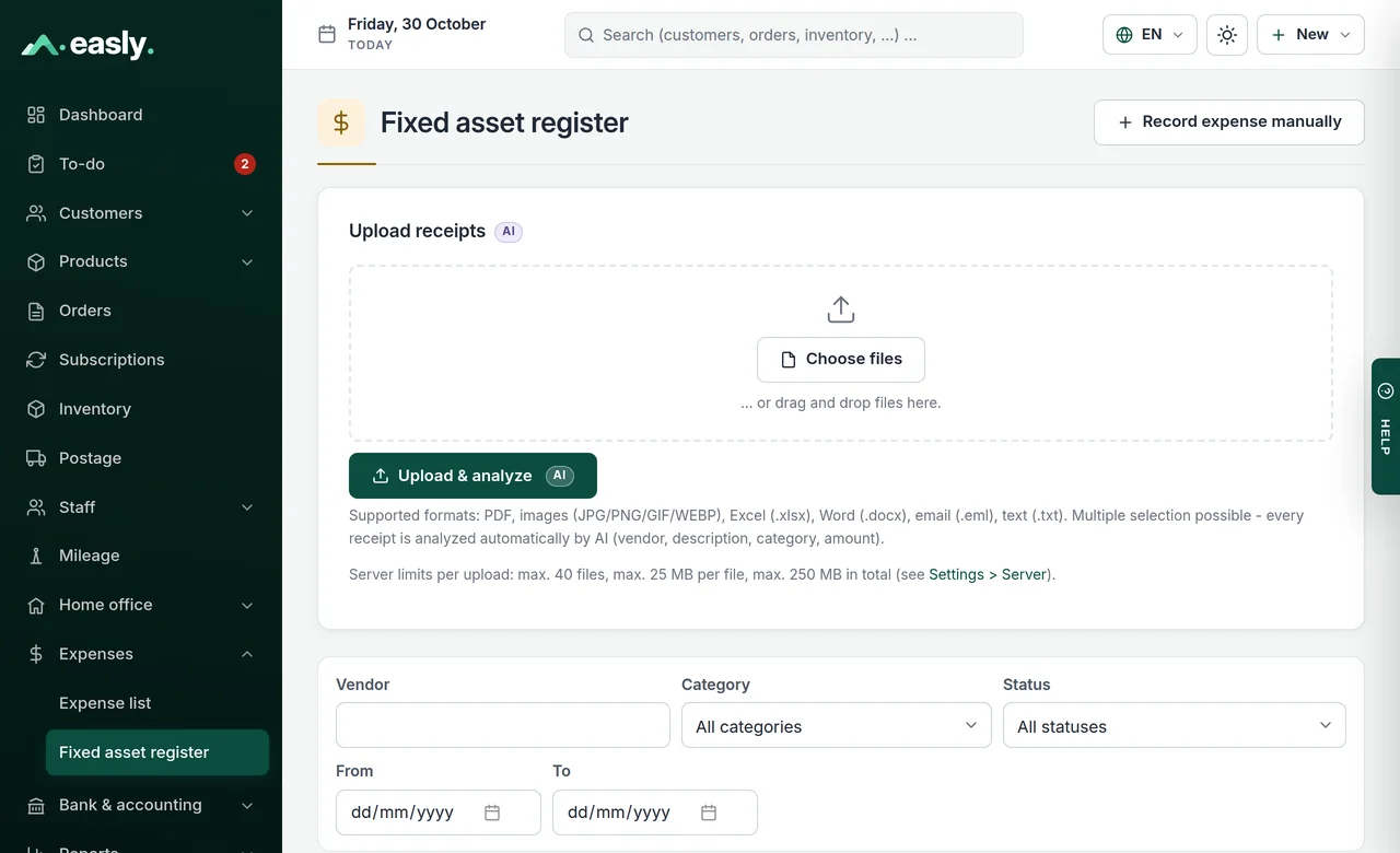 Fixed asset register with receipt upload and filter