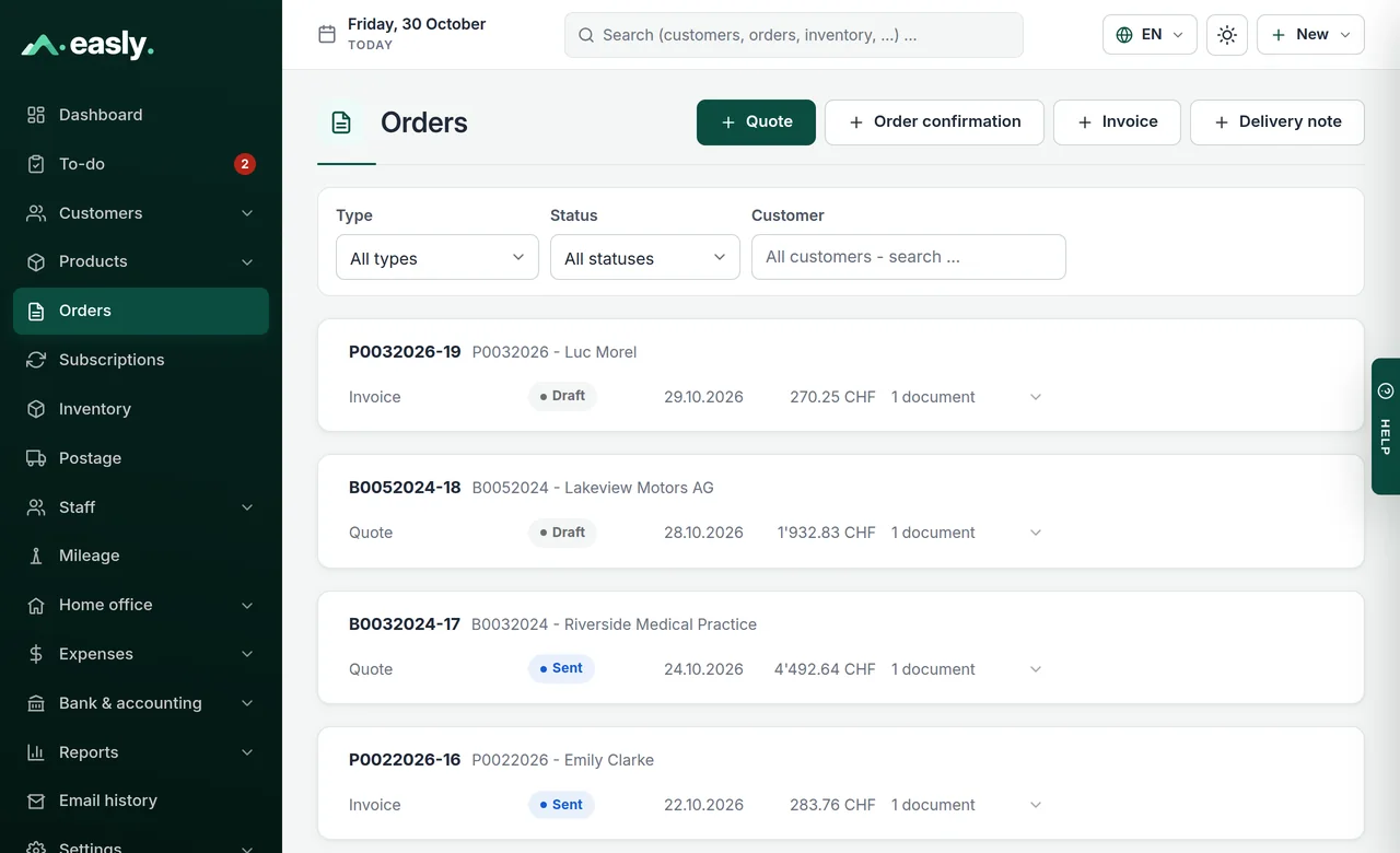 Order list with quotes, order confirmations, delivery notes and invoices, each with its status