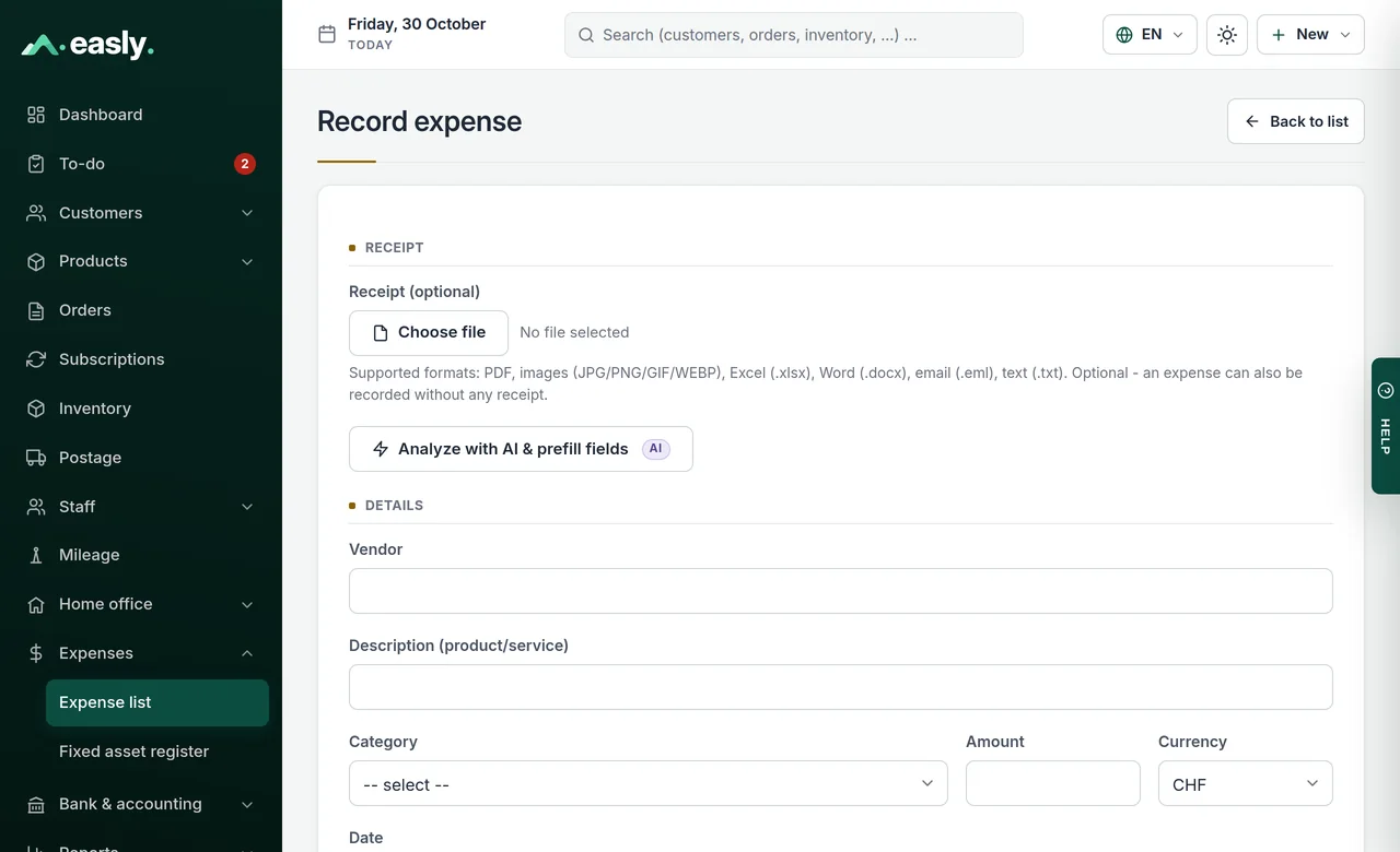 Recording a receipt: choose a file and analyze it with AI to pre-fill the fields - or fill them in by hand