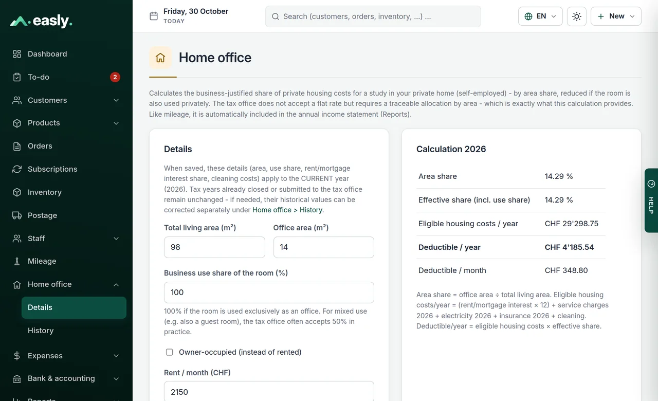 Home office: details on living and office area and the calculation of the deductible share per year