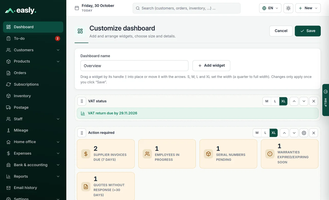 Customizing the dashboard: choose widgets, arrange them and set their size