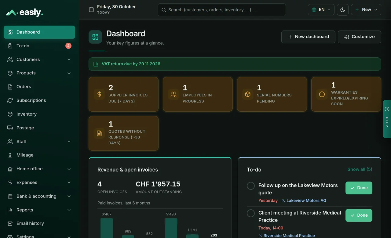 Dashboard in dark mode, under a custom domain