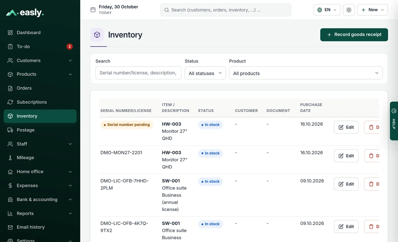 Inventory with serial numbers, status and purchase date