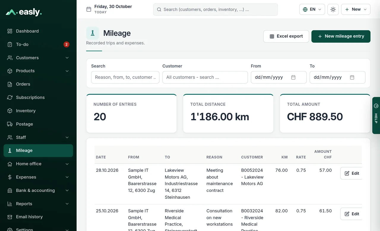 Mileage with trips, distance and amount