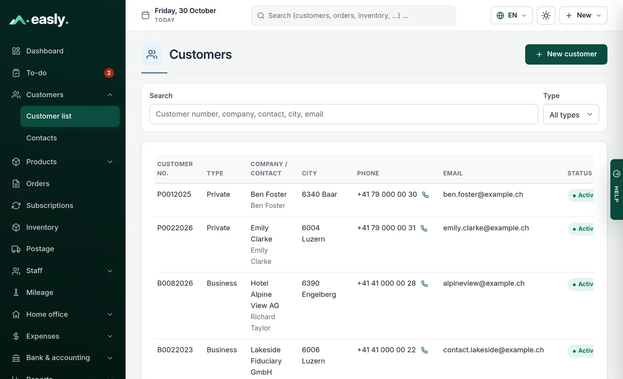 Customer list with business and private customers, town, phone and email
