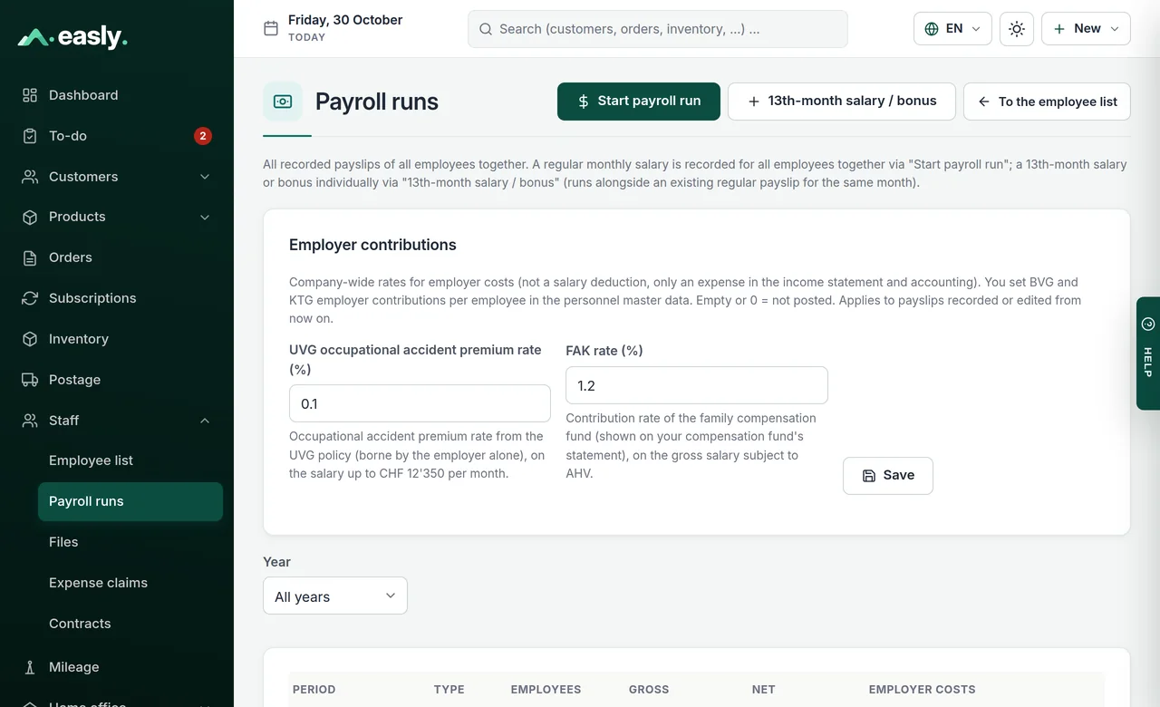 Payroll runs with period, employee, gross and net salary