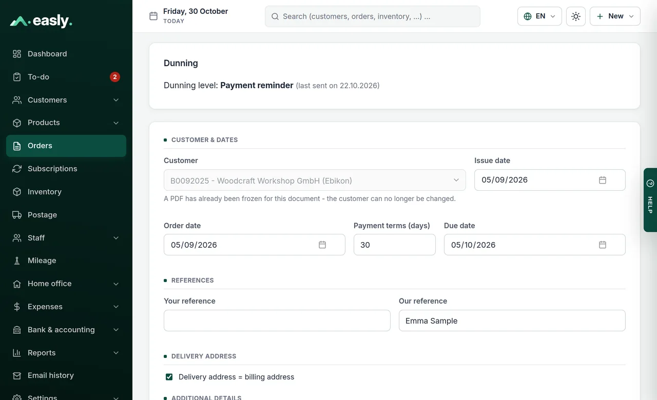 Overdue invoice at the payment reminder dunning level