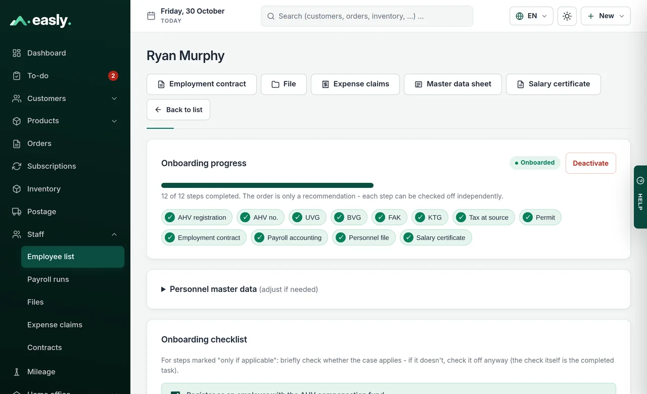 Personnel file with onboarding progress and checklist