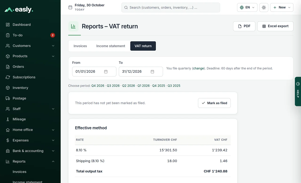 VAT return using the effective method with revenue and tax per rate, export as PDF and Excel