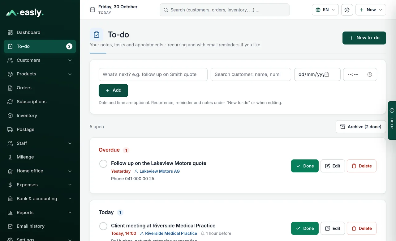 To-do list with a done button, linked customer and archive