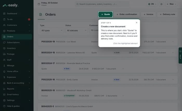 Guided tour in Easly: step 1 of 5 highlights the Quote button and explains how to create a new document