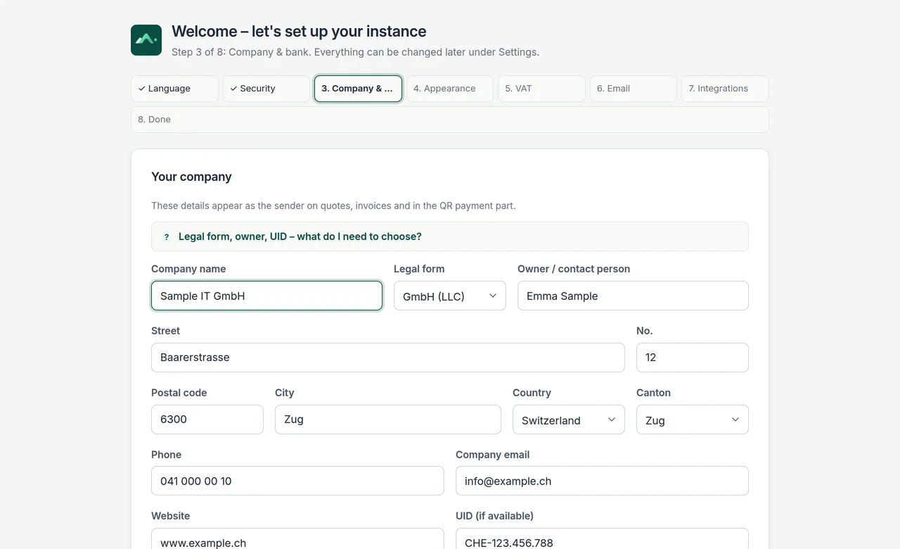 Easly setup wizard with the steps Company and bank, Appearance, VAT and Email