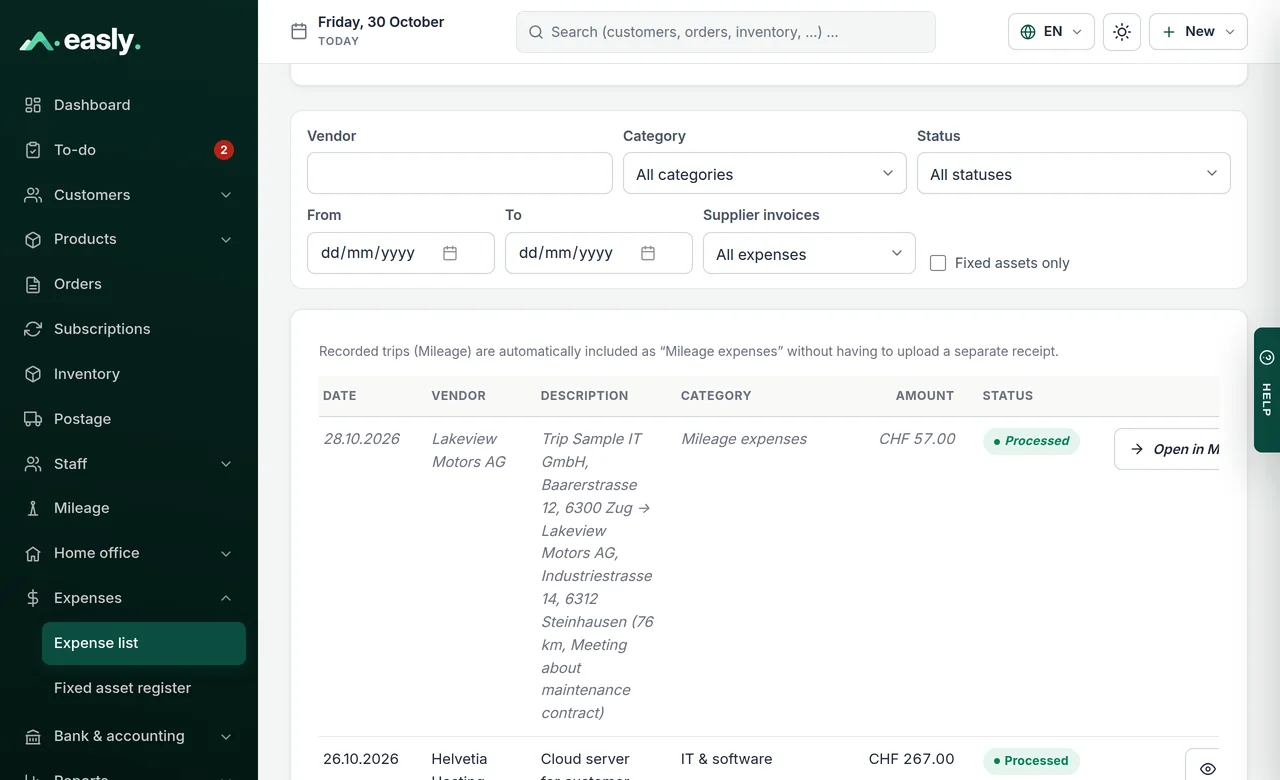 Expense list with automatically read receipts, categories, amounts and status