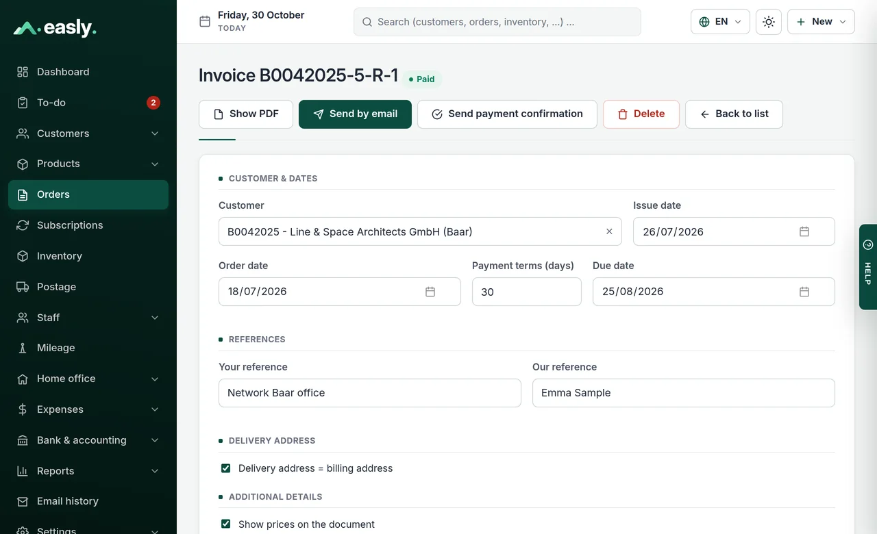 Invoice in Easly with customer, due date, reference and actions for PDF, email and payment confirmation