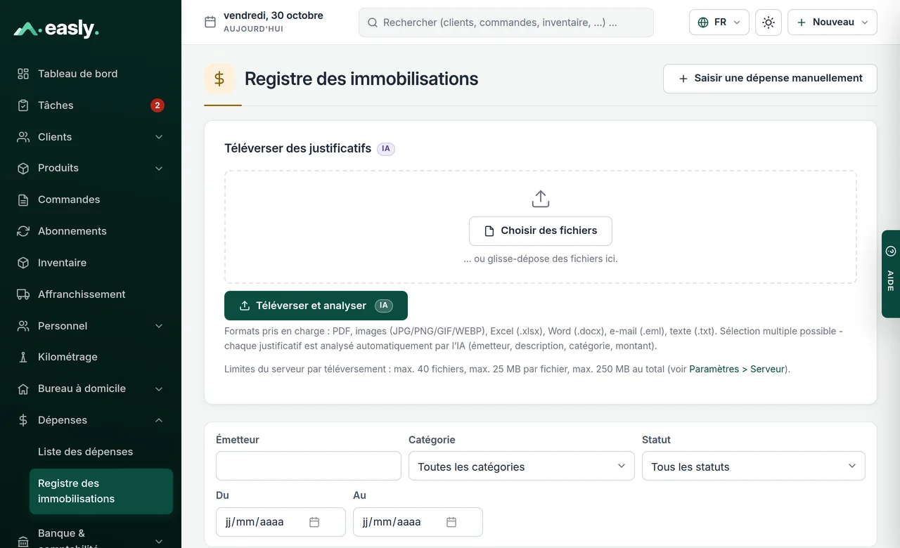 Tableau des immobilisations avec téléversement de justificatifs et filtres