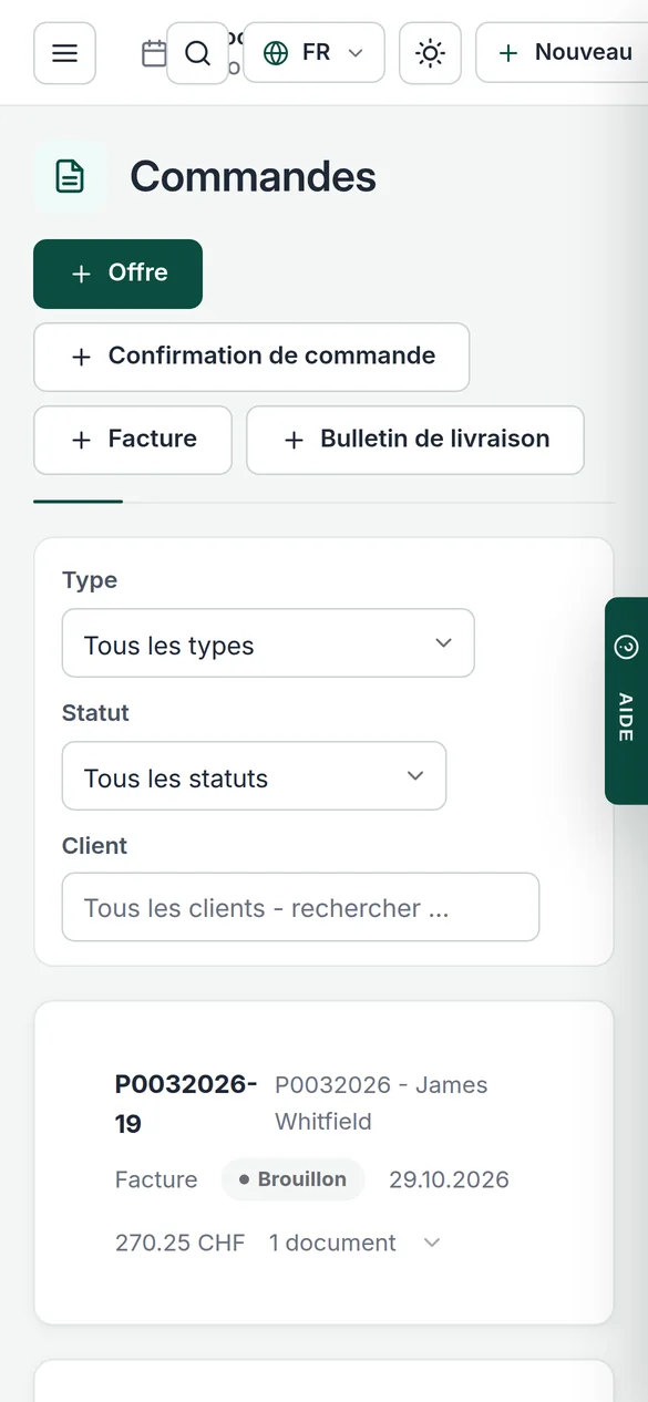 Liste des commandes sur le téléphone