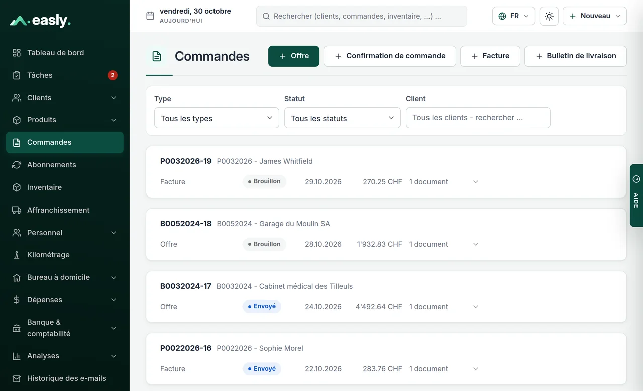Liste des commandes avec offres, confirmations de commande, bulletins de livraison et factures, avec leur statut