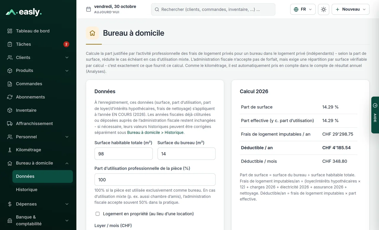 Bureau à domicile : indications sur la surface d’habitation et de bureau et calcul de la part déductible par année