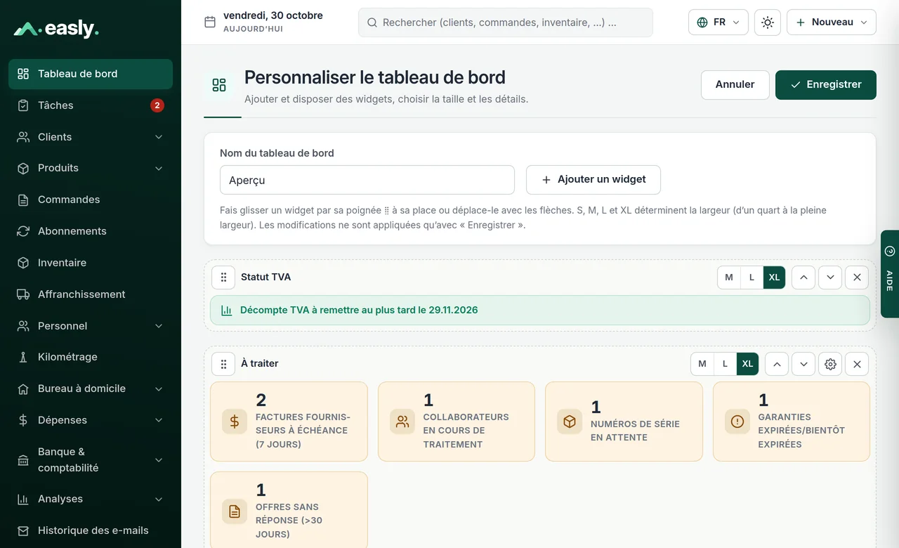 Personnaliser le tableau de bord : choisir les widgets, les disposer et régler la taille