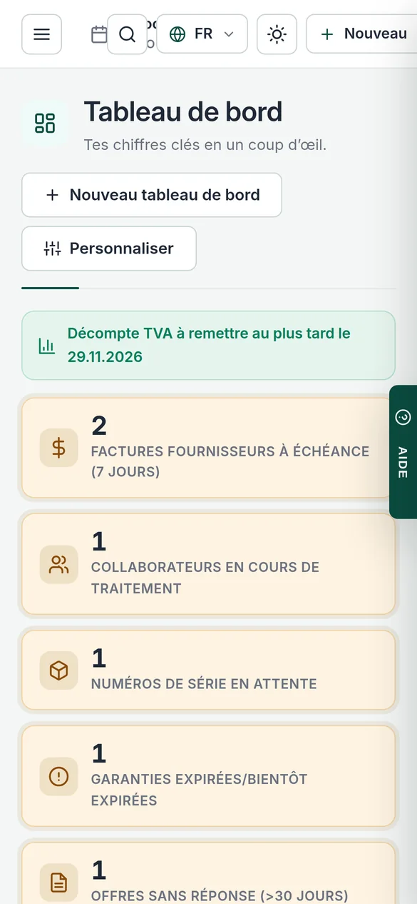 Le même tableau de bord sur le téléphone