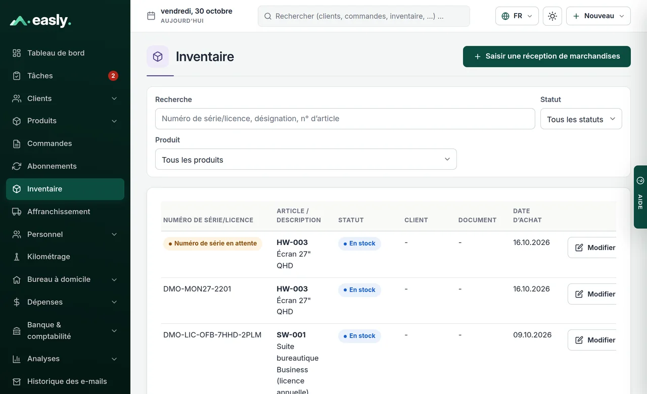 Inventaire avec numéros de série, statut et date d’achat