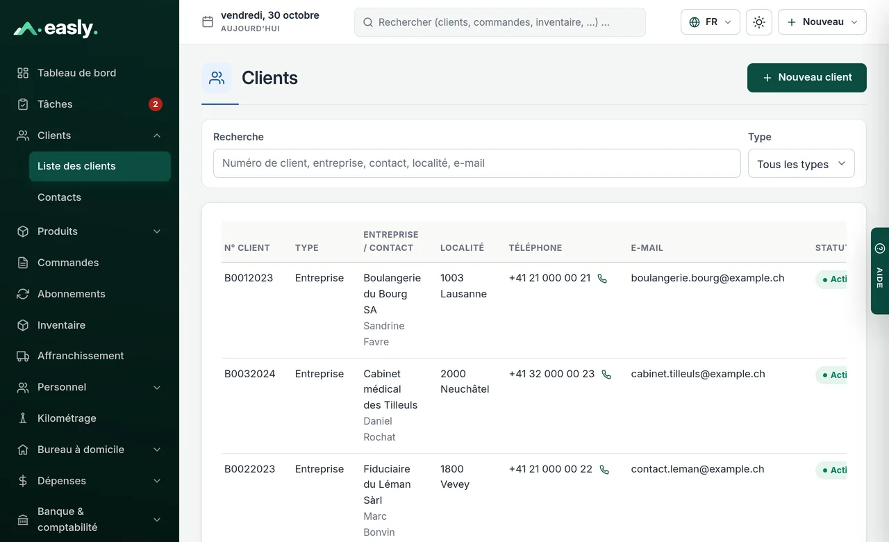 Liste de clients avec clients professionnels et privés, localité, téléphone et e-mail