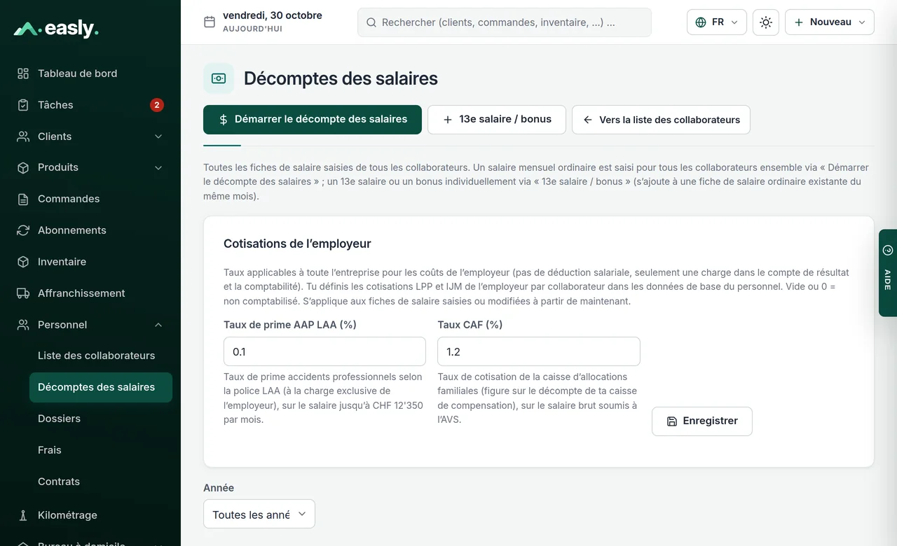 Décomptes des salaires avec période, collaborateur, salaire brut et net