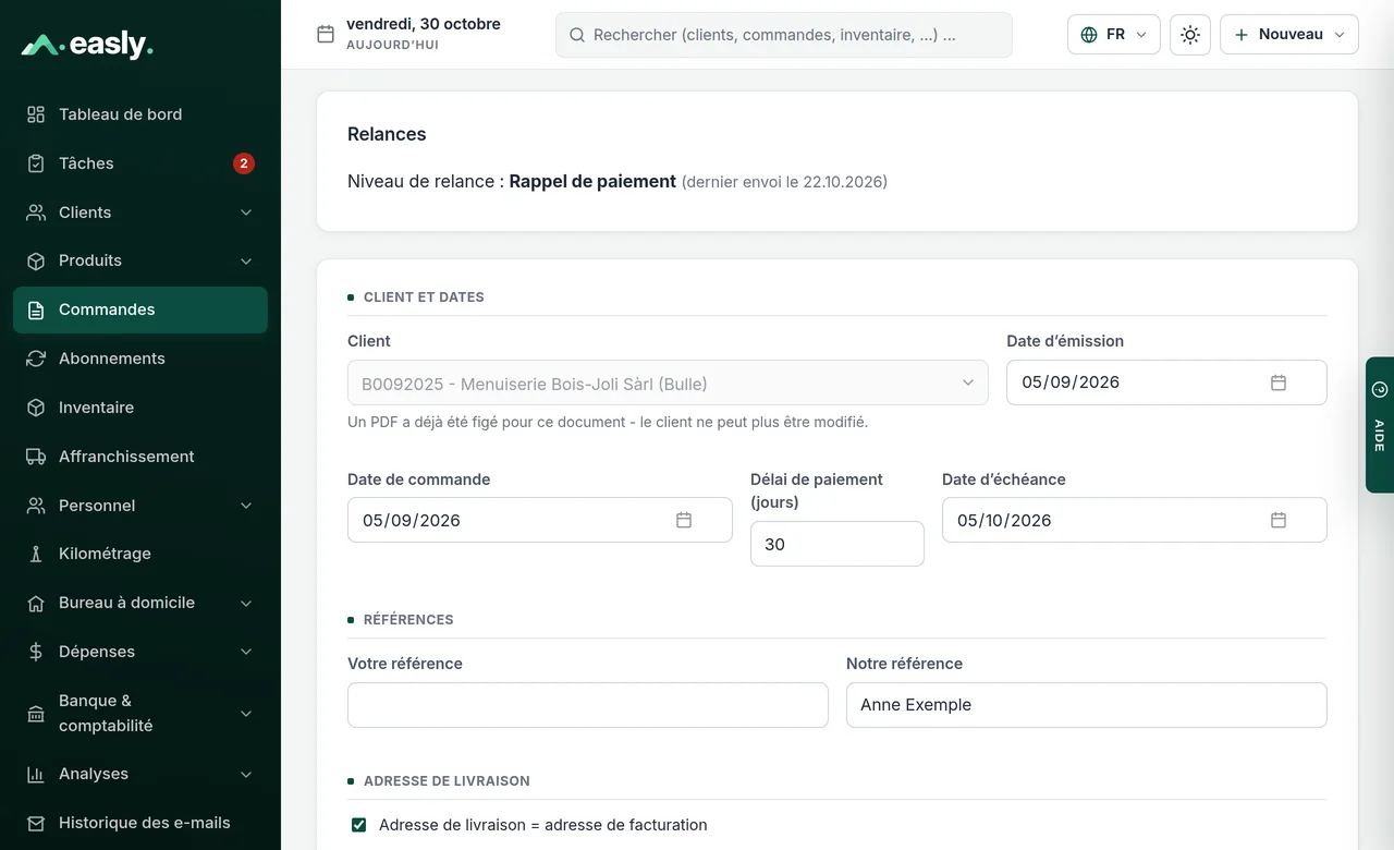 Facture en retard avec le niveau de relance « Rappel de paiement »