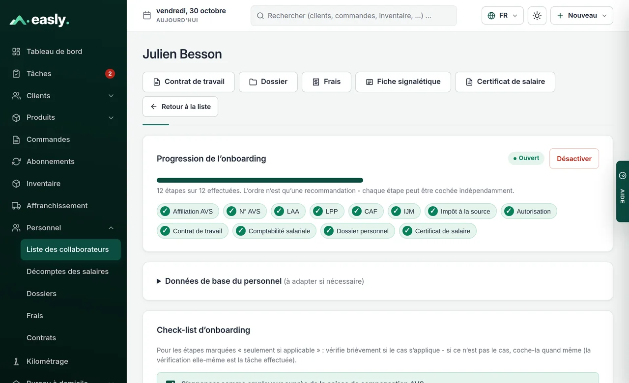 Dossier de collaborateur avec progression de l’intégration et liste de contrôle