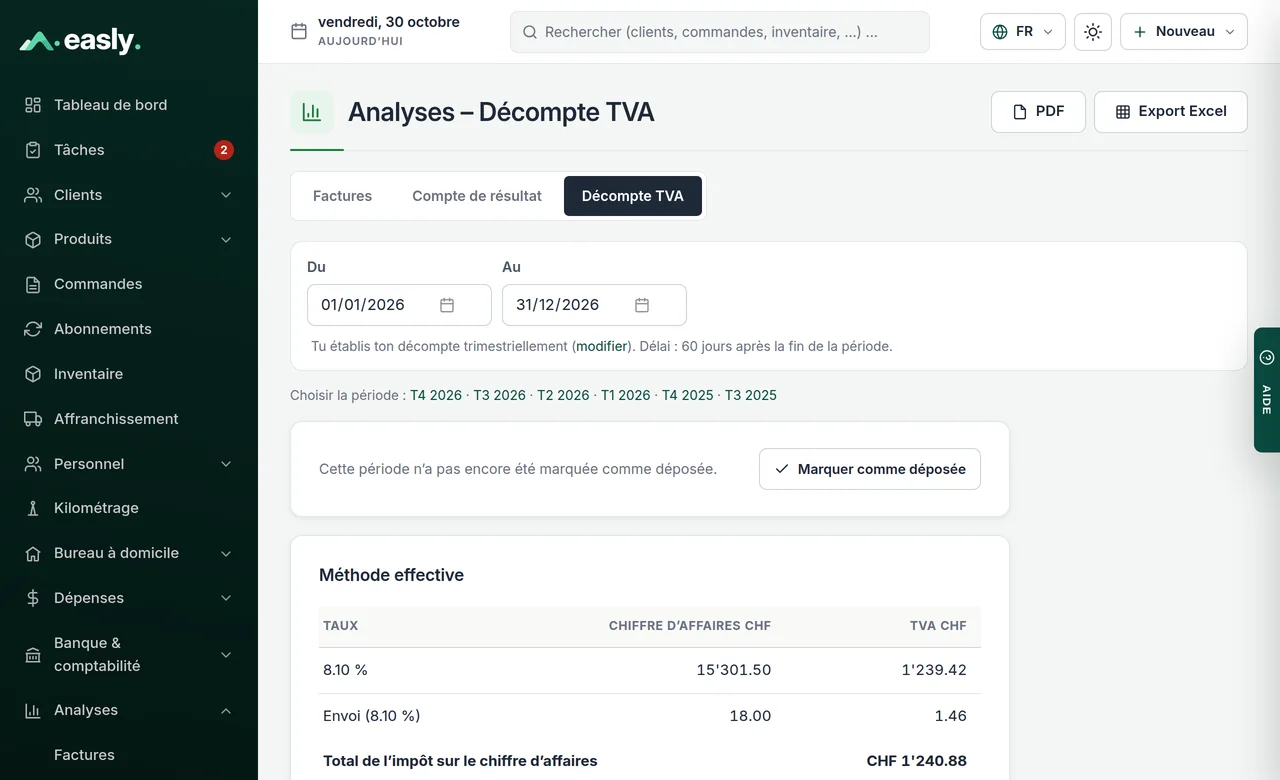Décompte de TVA selon la méthode effective avec chiffre d’affaires et impôt par taux, export en PDF et Excel