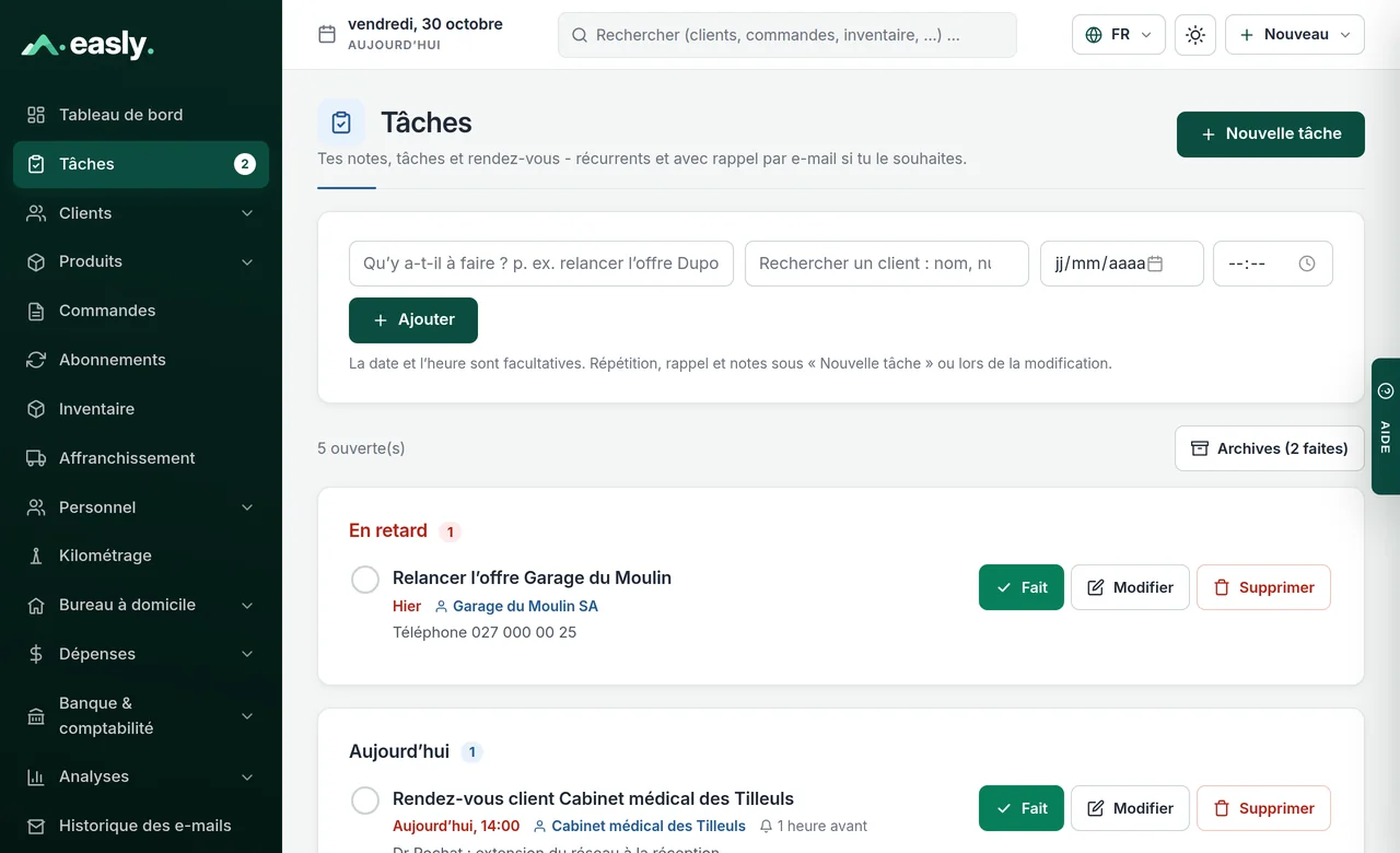 Liste de tâches avec bouton « Fait », client lié et archive