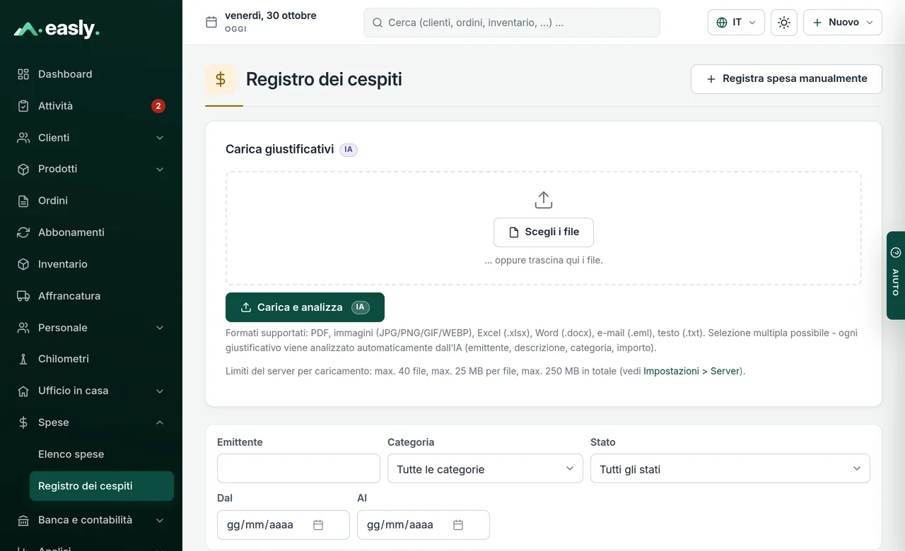 Registro dei cespiti con caricamento dei giustificativi e filtro
