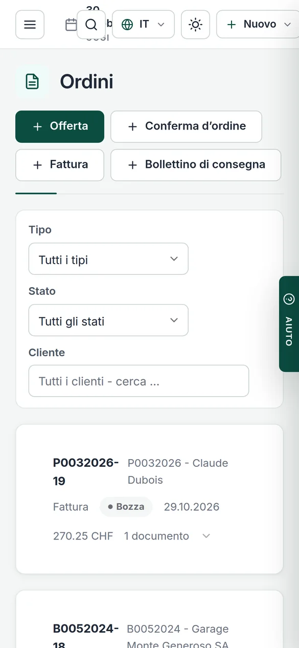 Elenco degli ordini sullo smartphone