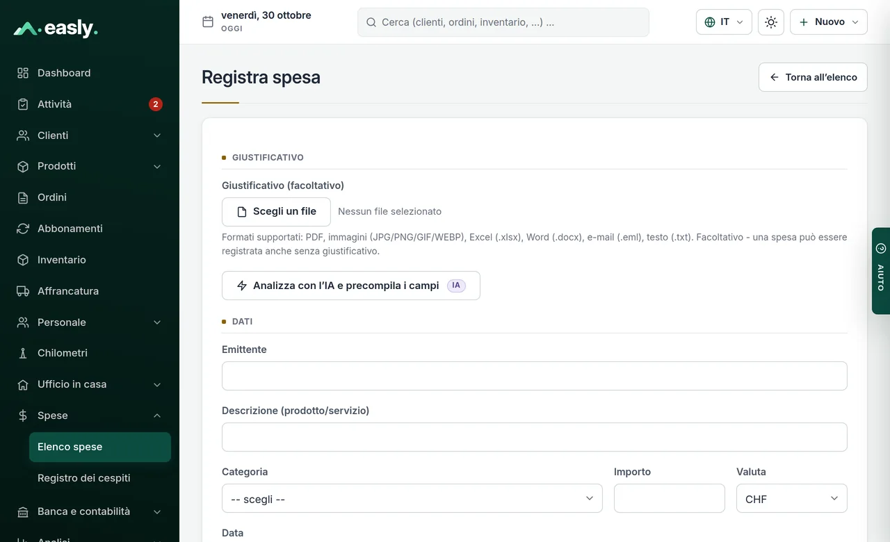 Registrare un giustificativo: scegliere il file e analizzarlo con l’IA, i campi vengono precompilati – oppure compilare a mano