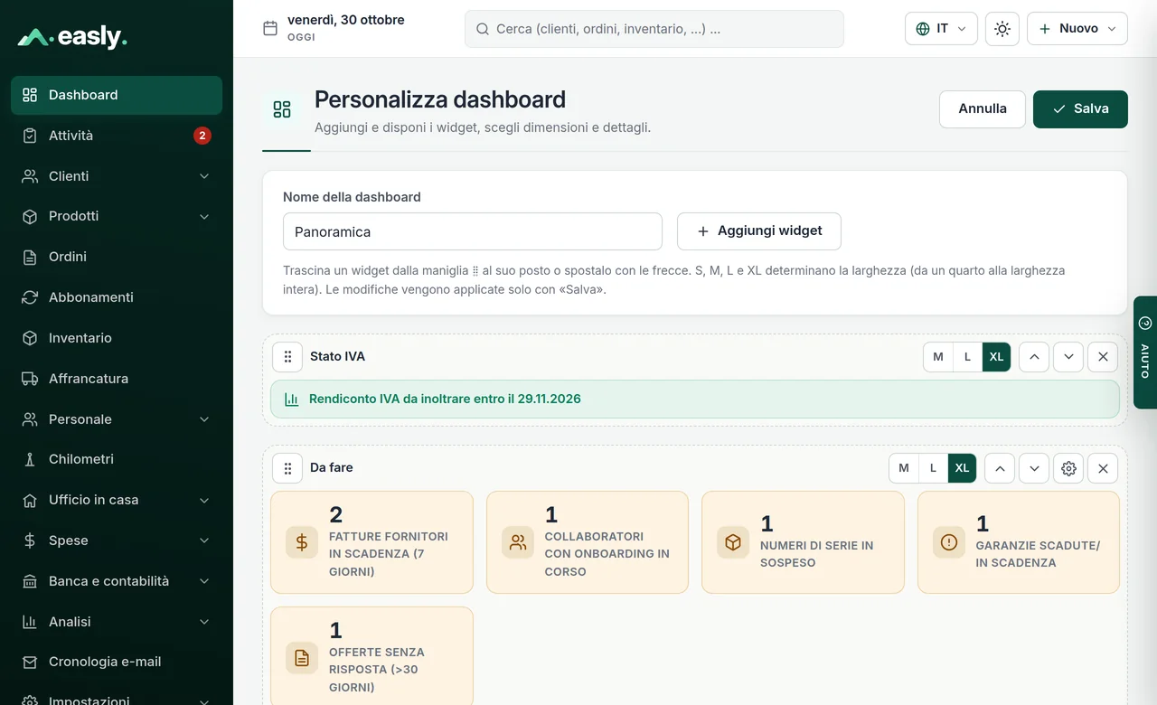 Personalizzare la dashboard: scegliere i widget, disporli e impostarne le dimensioni