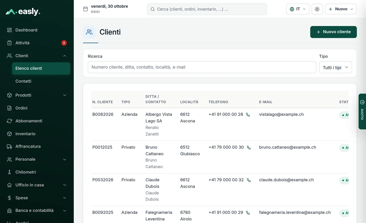 Elenco clienti con clienti commerciali e privati, località, telefono ed e-mail