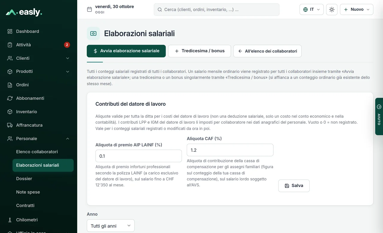 Elaborazioni salariali con periodo, collaboratore, salario lordo e netto
