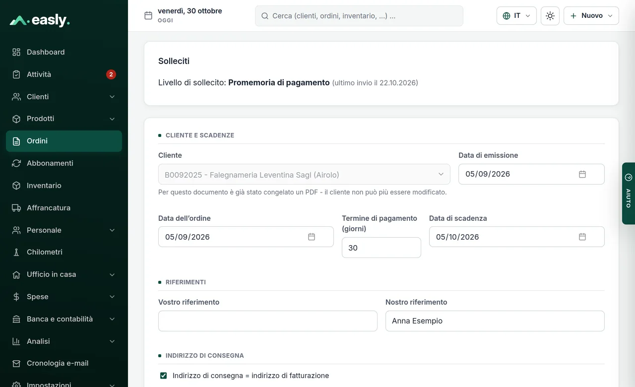 Fattura scaduta con livello di sollecito promemoria di pagamento
