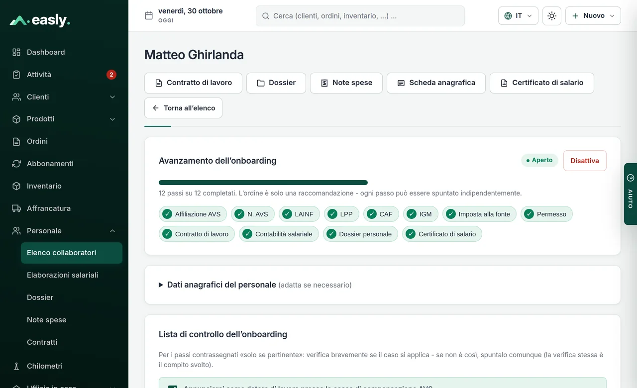 Dossier del collaboratore con avanzamento dell’onboarding e checklist