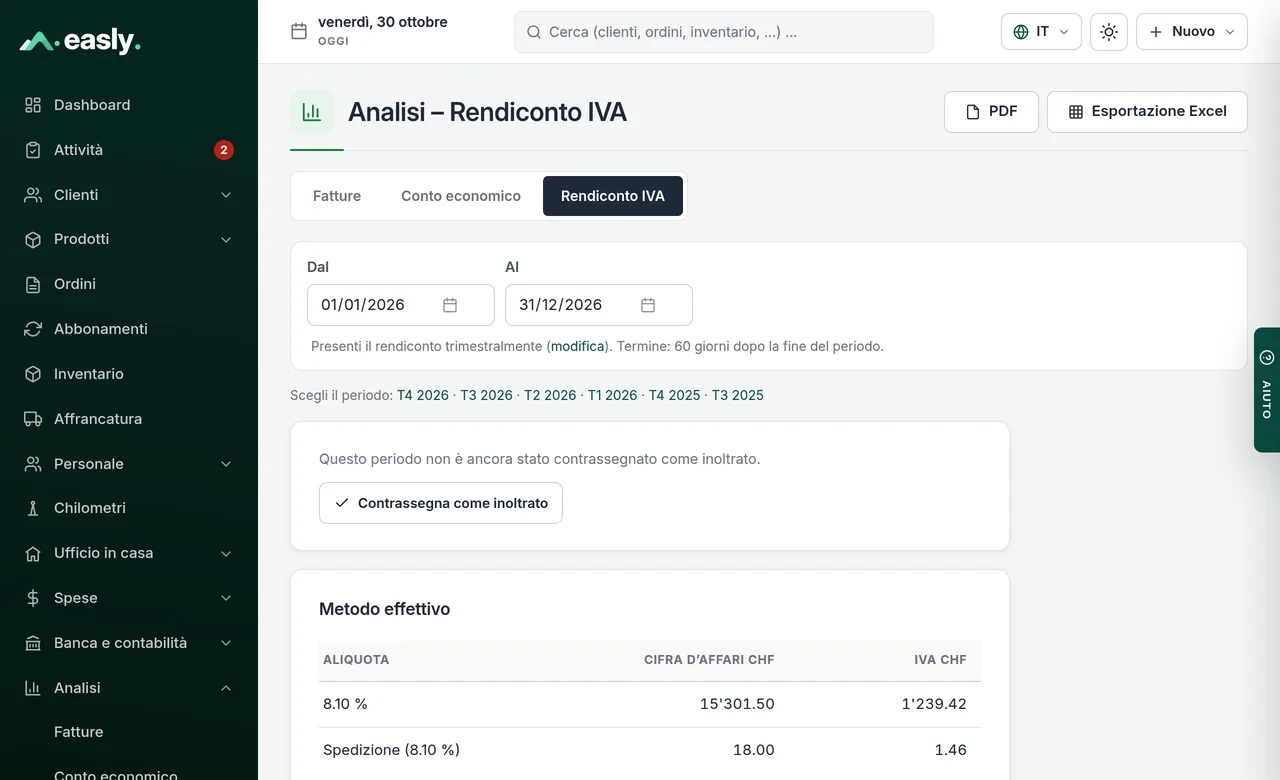 Rendiconto IVA secondo il metodo effettivo con fatturato e imposta per aliquota, esportazione in PDF ed Excel