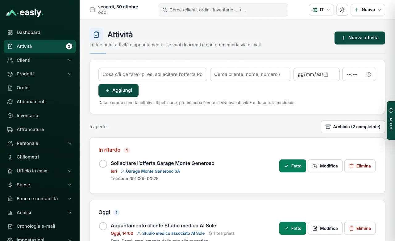 Elenco ToDo con pulsante «Fatto», cliente collegato e archivio