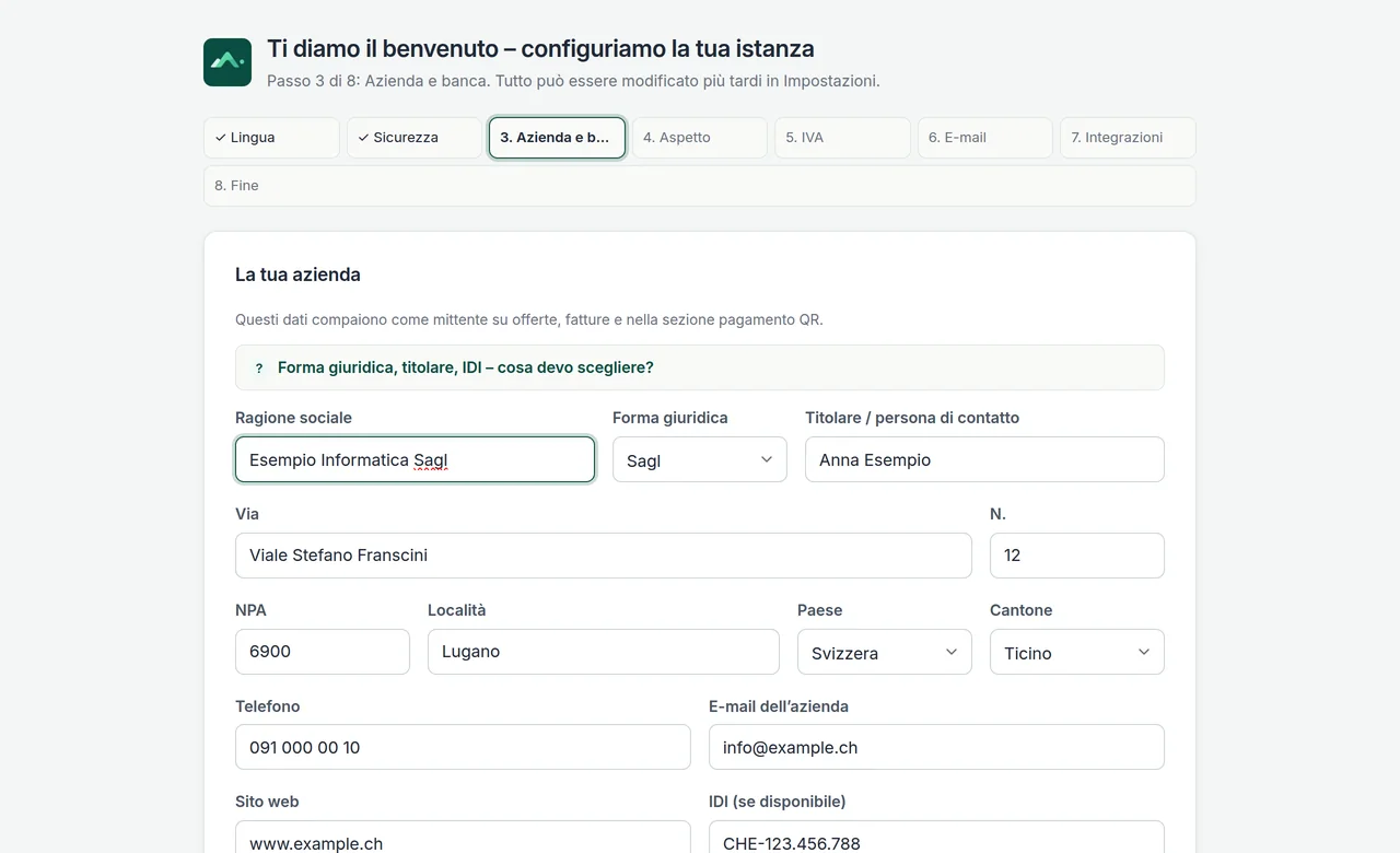 Assistente di configurazione di Easly con i passi Azienda e banca, Aspetto, IVA ed E-mail