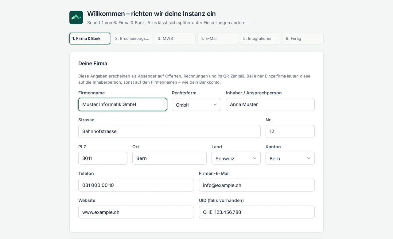 Einrichtungs-Assistent nach der ersten Anmeldung: Firma, Rechtsform, Adresse und Bankverbindung für die QR-Rechnung